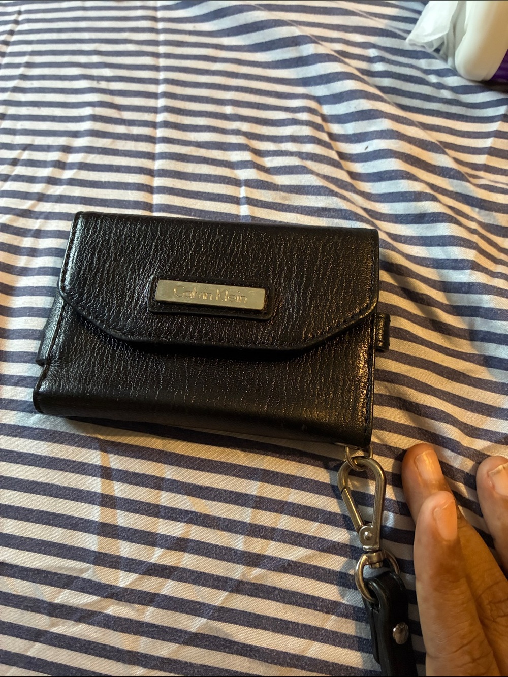 Calvin Klein Black Leather Wristlet Wallet with Logo Plate